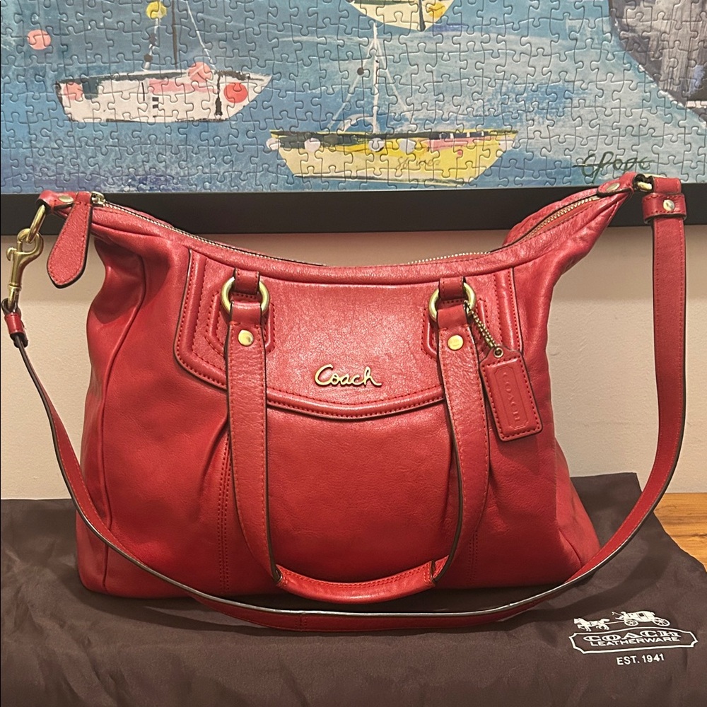 Coach Ashley Signature Cherry Red Leather Satchel/Shoulder Bag - Picture 2 of 14